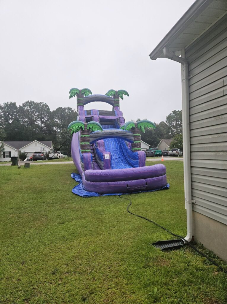Purple water slide with palm trees set up beside a house